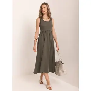 Mint Velvet Khaki Ruched Trim Cotton Midi Dress